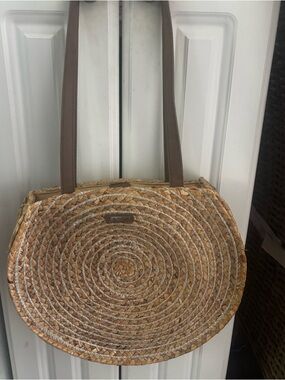 Sun and Sand Woven Round Straw Tote Bag with Brown Straps